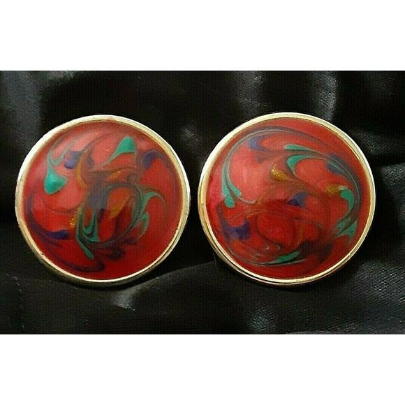 🌈 Vintage Swirl Enamel Earrings 💜 Clip-On Statement Retro Gold Tone - Picture 12 of 12